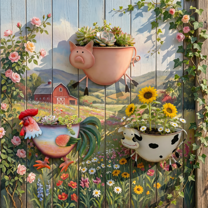 Farm Animal Metal Wall Planter, Cow Pig Rooster Shaped Hanging Flower Pot