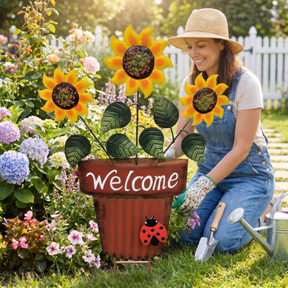 🔥Summer Hot Sale🌻Welcome Flower Pot Metal Garden Decor, Hangable & Stakeable Yard Art