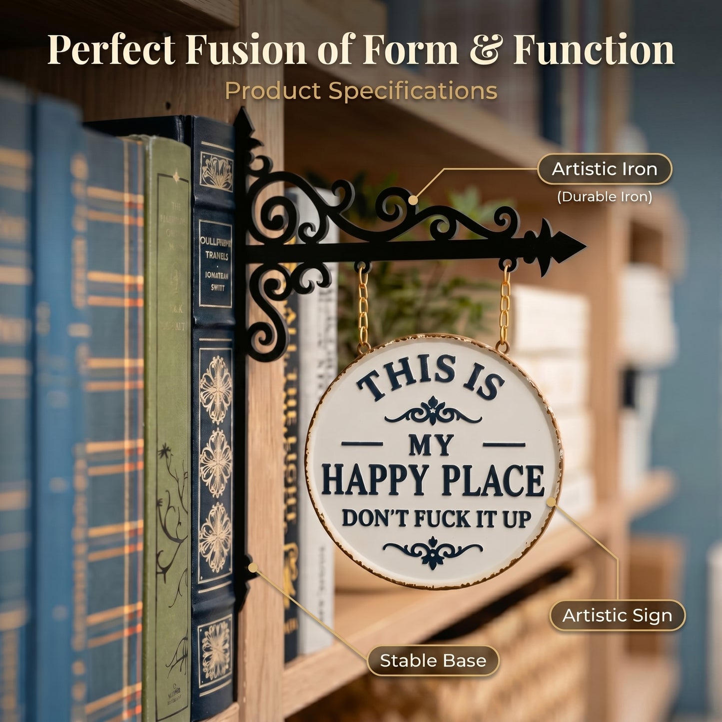 Funny "This Is My Happy Place" Hanging Sign, Whimsical Bookshelf Decor