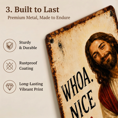 🤣Funny Bathroom Slogan Metal Tin Sign, Whoa Nice Peeking Jesus Chicken Vintage Farmhouse Wall Plaque