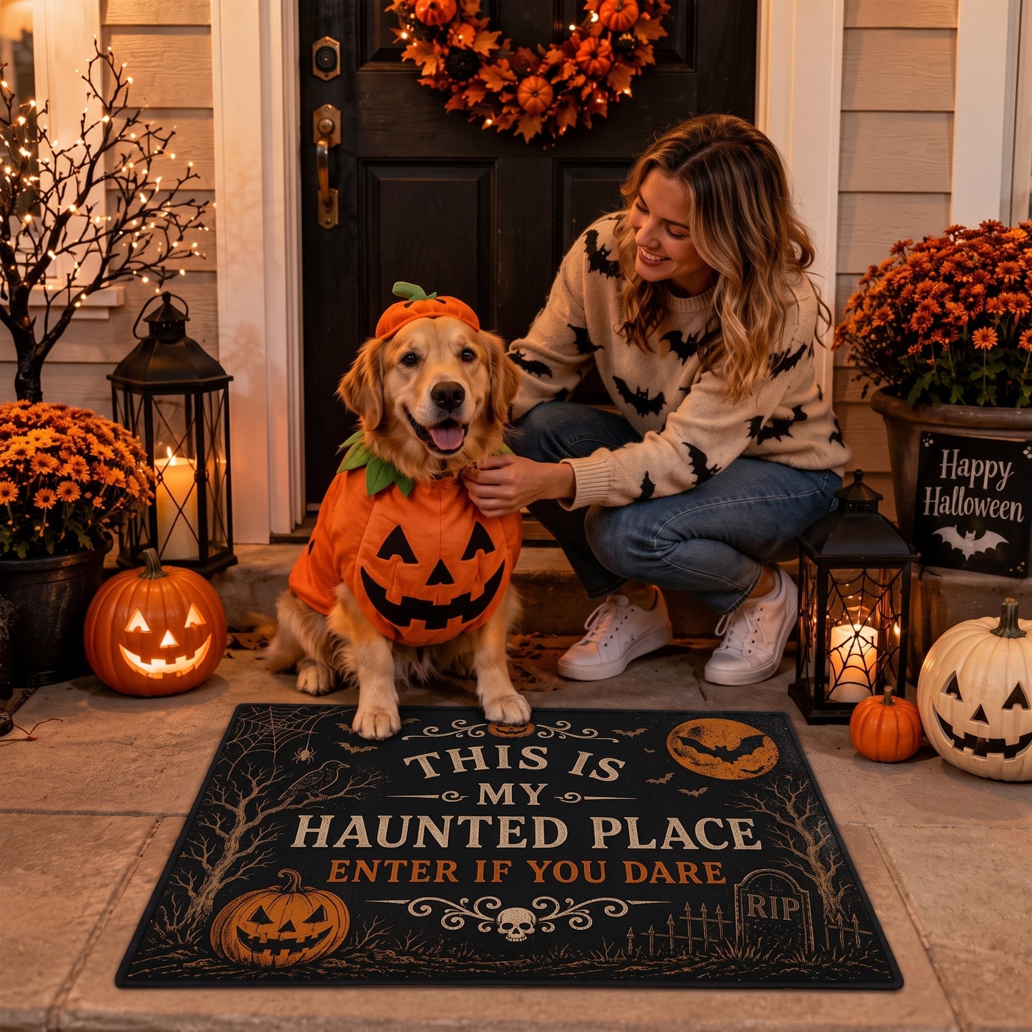 "This Is My Haunted Place" Fun Halloween 2-Piece,Round Hanging Sign & Cute Spooky Doormat