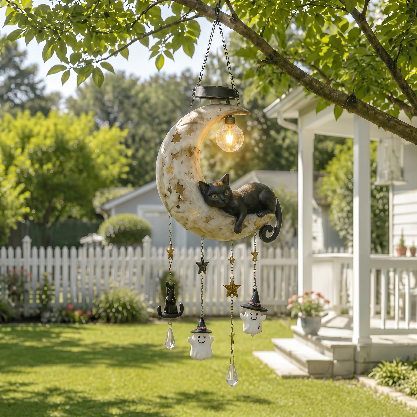 🔥Limited Time 35% OFF🌙🐱Halloween Black Cat Moon Solar Hanging Light