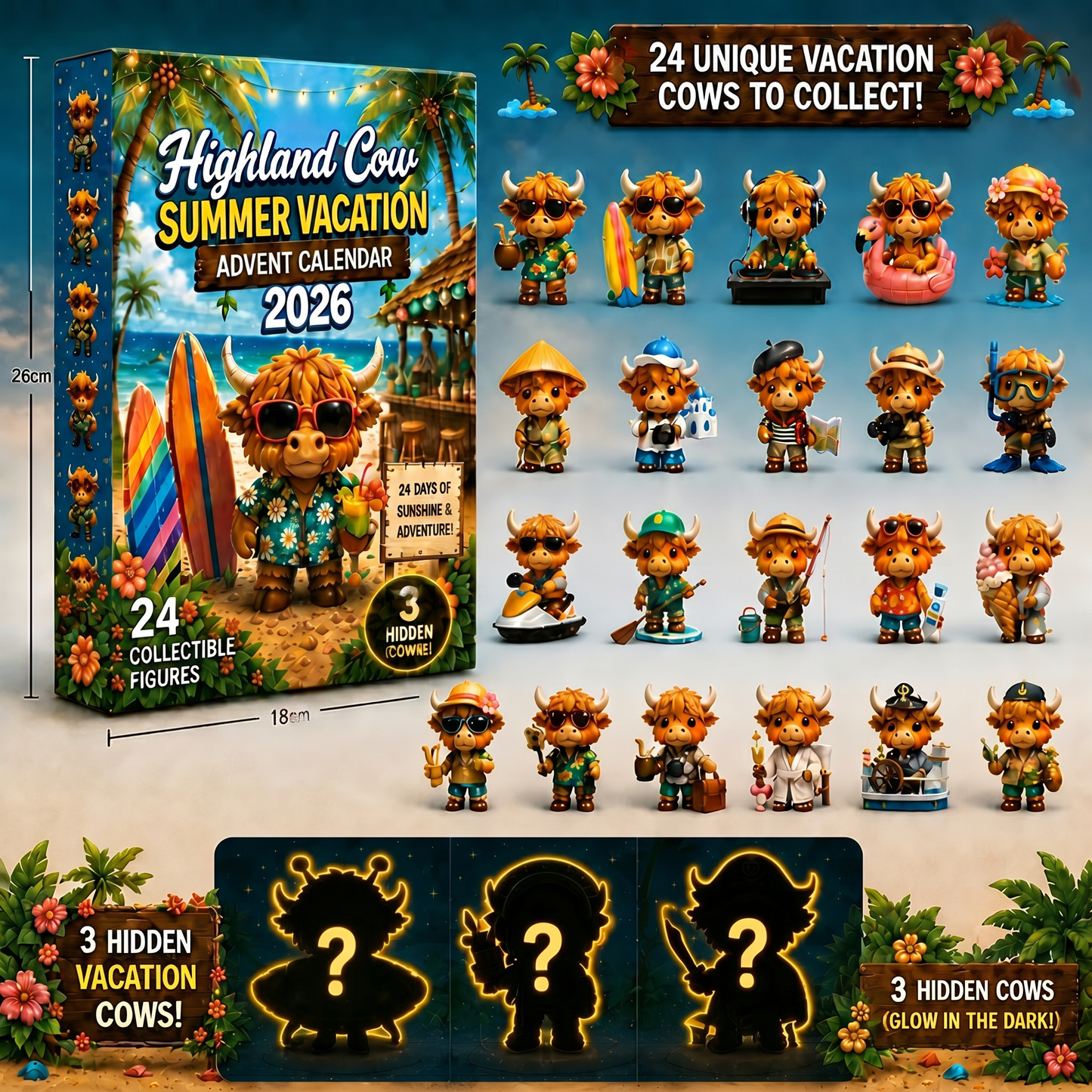🔥New Product Limited-Time Offer✨2026 Summer Vacation Highland Cow Advent Blind Box | 24 Days Countdown Mini Figurines