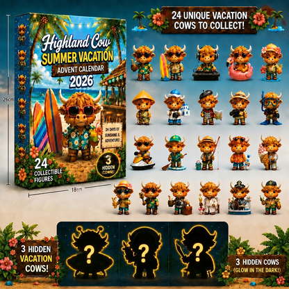 🔥New Product Limited-Time Offer✨2026 Summer Vacation Highland Cow Advent Blind Box | 24 Days Countdown Mini Figurines