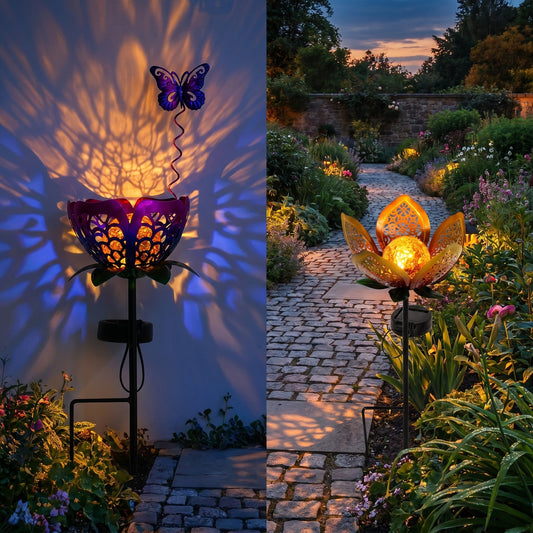 🔥Summer Hot Sale💡Solar Flower Garden Decor Stake Lights, Metal Flower & Butterfly Yard Ornaments (2 Styles)