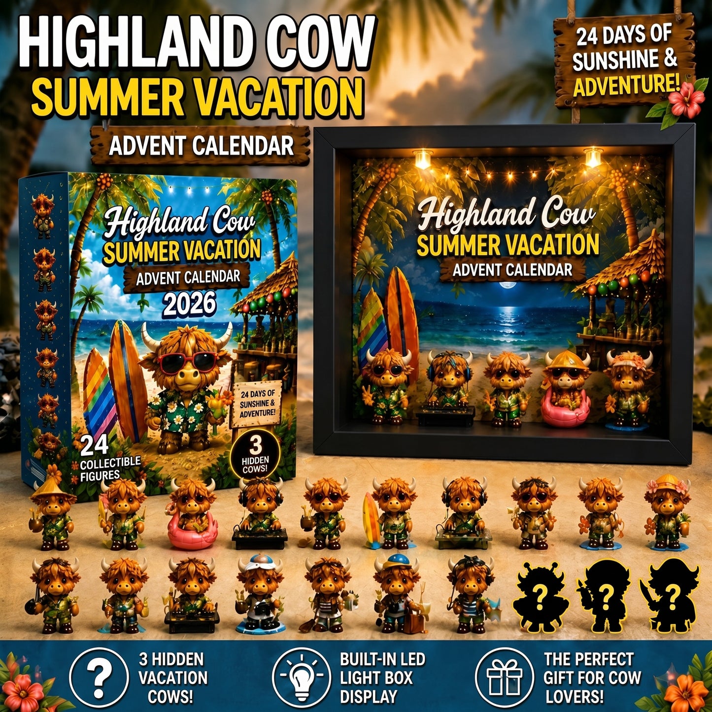 🔥New Product Limited-Time Offer✨2026 Summer Vacation Highland Cow Advent Blind Box | 24 Days Countdown Mini Figurines