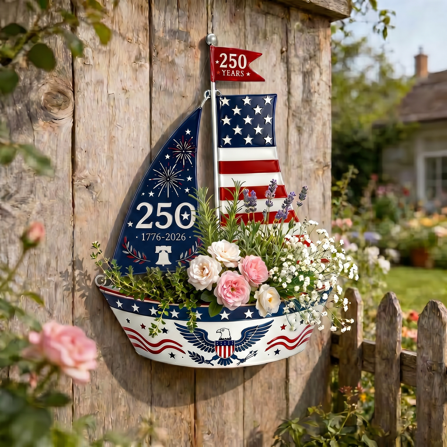 America 250 Years Patriotic Sailboat Metal Planter, Outdoor Garden & Wall Patriotic Decor