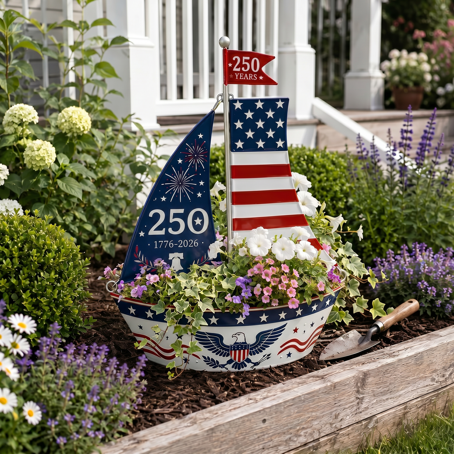 America 250 Years Patriotic Sailboat Metal Planter, Outdoor Garden & Wall Patriotic Decor