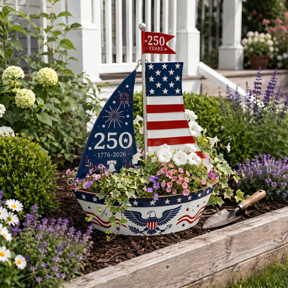 America 250 Years Patriotic Sailboat Metal Planter, Outdoor Garden & Wall Patriotic Decor