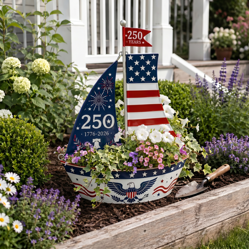 America 250 Years Patriotic Sailboat Metal Planter, Outdoor Garden & Wall Patriotic Decor