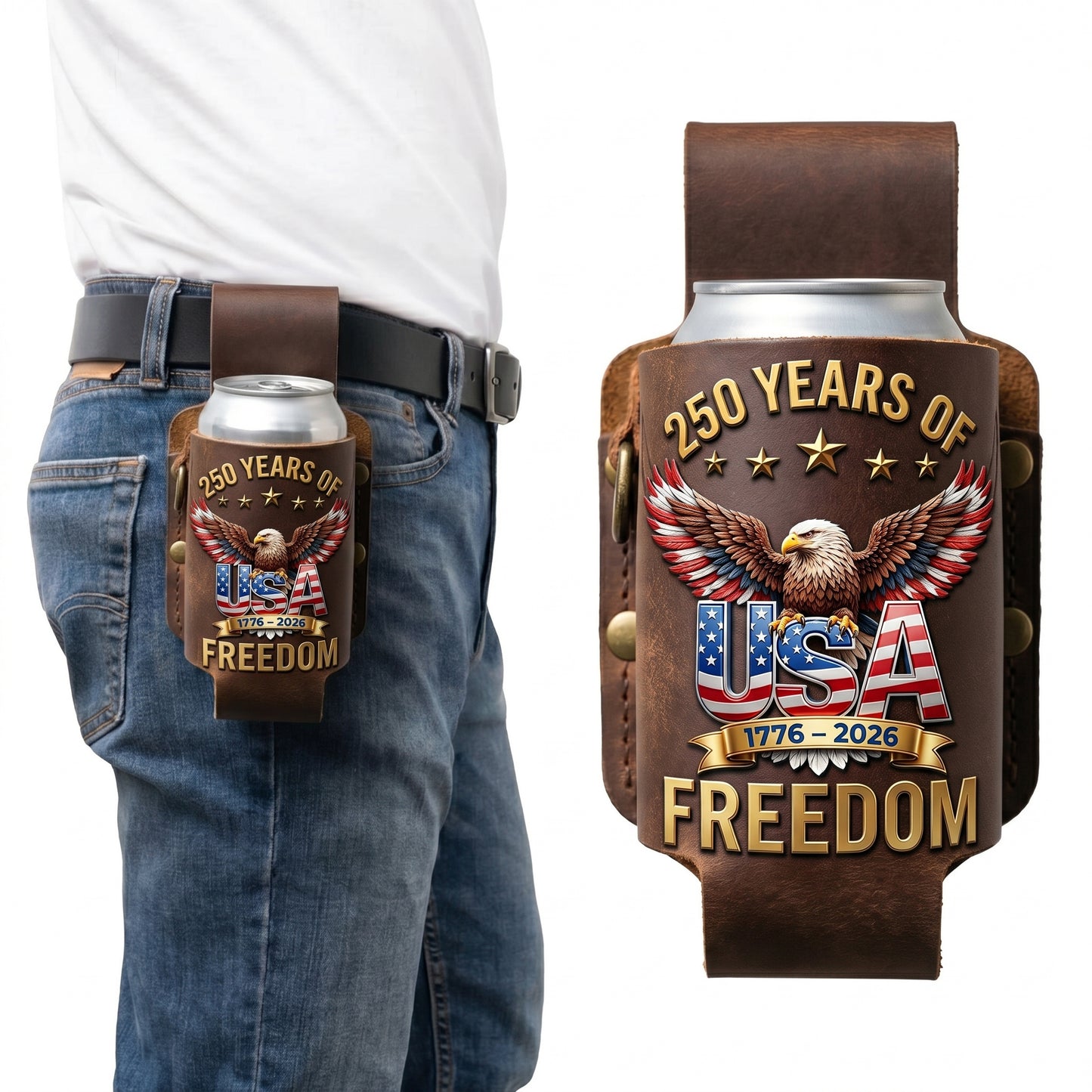 Full Grain Leather Belt Drink Holster | 250 Years of Freedom Eagle USA Can Cooler