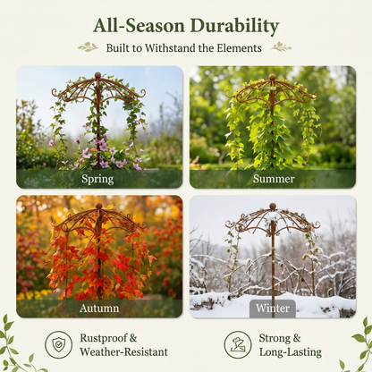 Rust Metal Umbrella Trellis for Climbing Plants, Decorative Garden Plant Support Stake