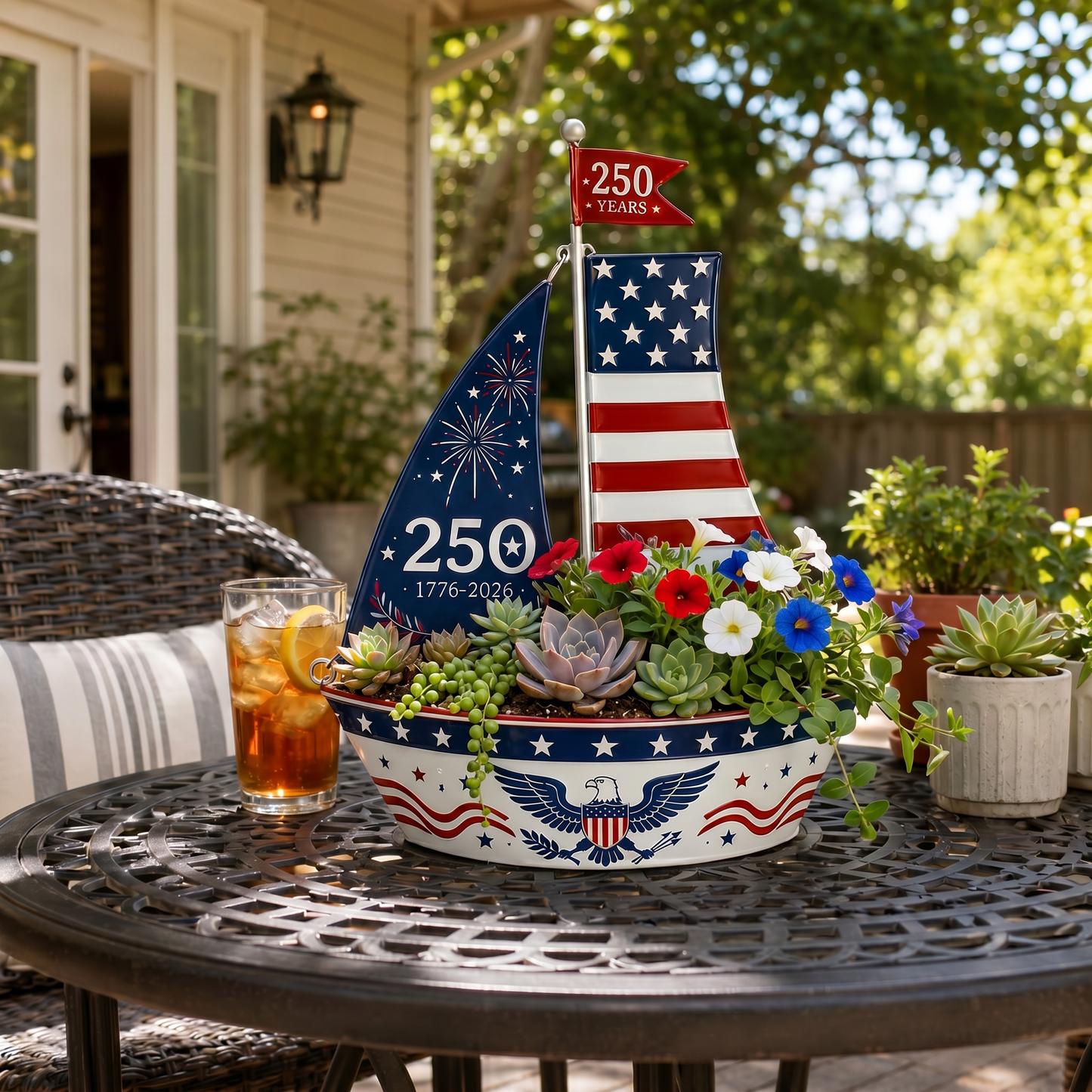 America 250 Years Patriotic Sailboat Metal Planter, Outdoor Garden & Wall Patriotic Decor