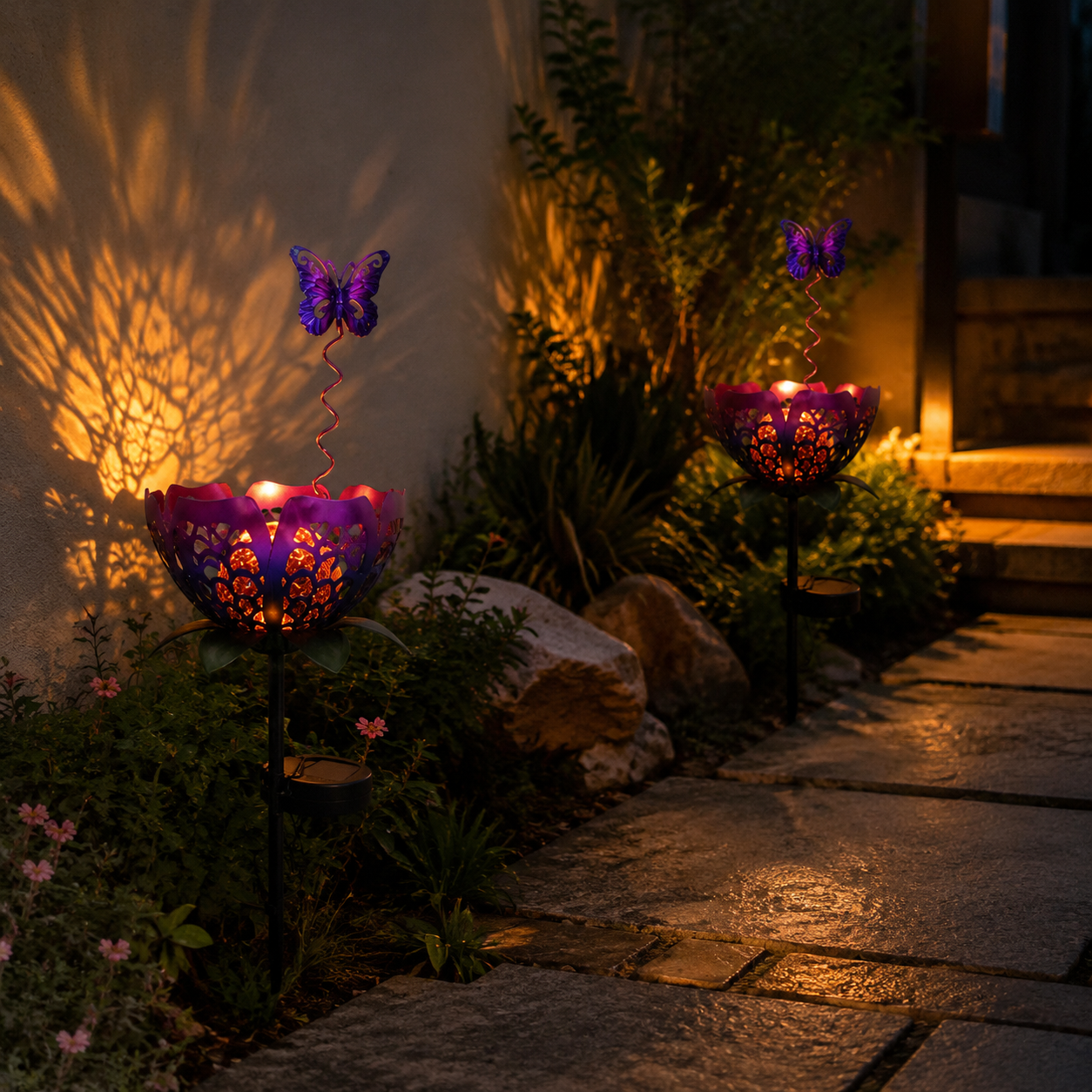 🔥Summer Hot Sale💡Solar Flower Garden Decor Stake Lights, Metal Flower & Butterfly Yard Ornaments (2 Styles)