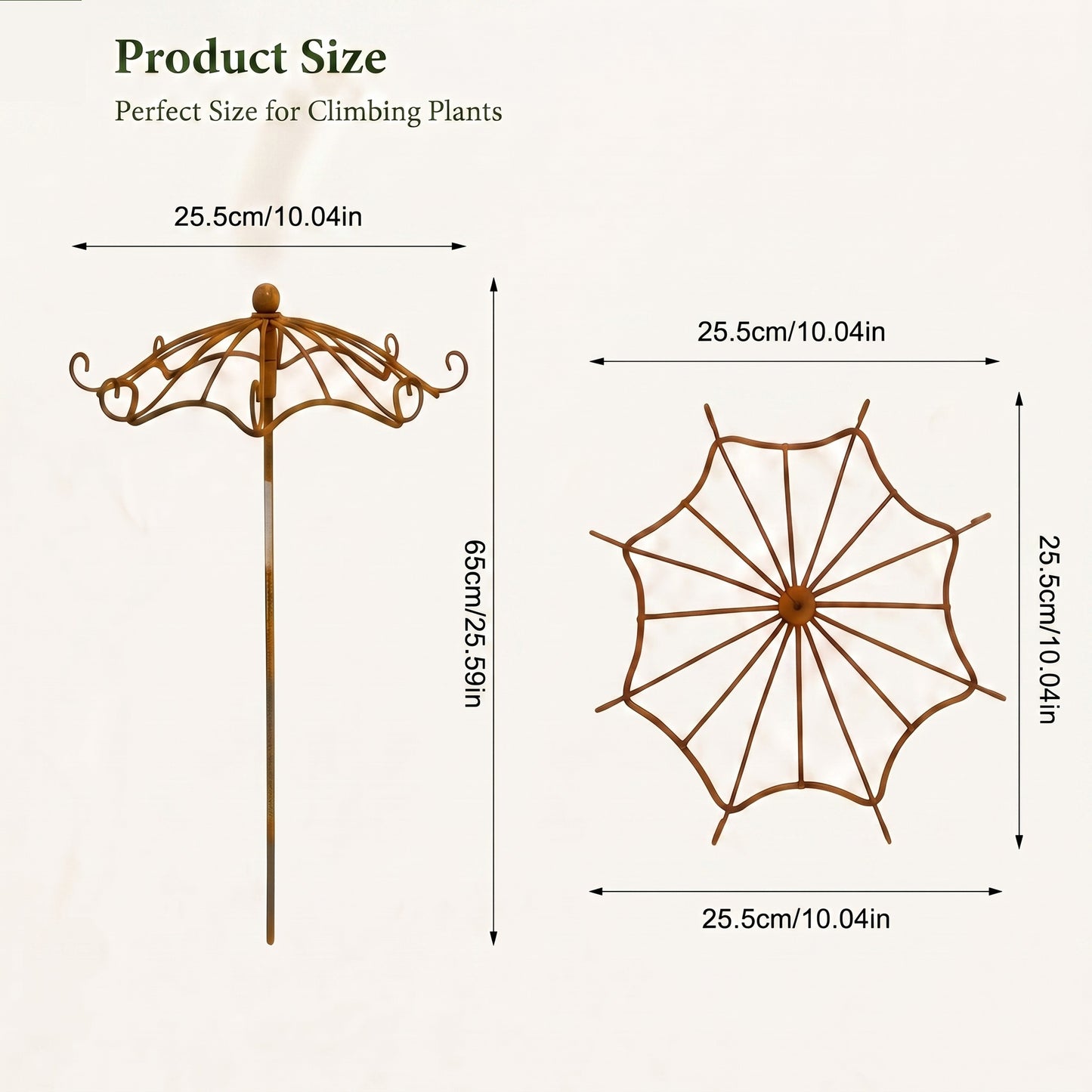 Rust Metal Umbrella Trellis for Climbing Plants, Decorative Garden Plant Support Stake