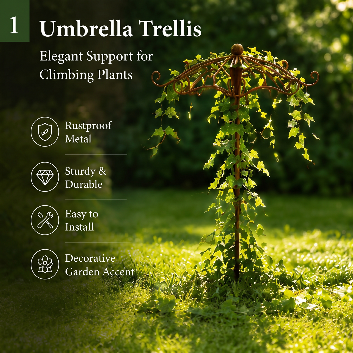 Rust Metal Umbrella Trellis for Climbing Plants, Decorative Garden Plant Support Stake