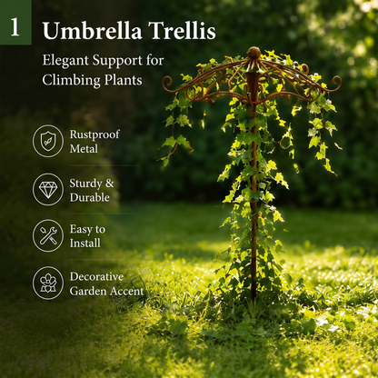 Rust Metal Umbrella Trellis for Climbing Plants, Decorative Garden Plant Support Stake