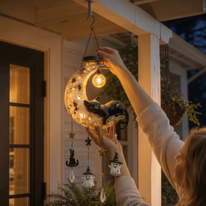 🔥Limited Time 35% OFF🌙🐱Halloween Black Cat Moon Solar Hanging Light