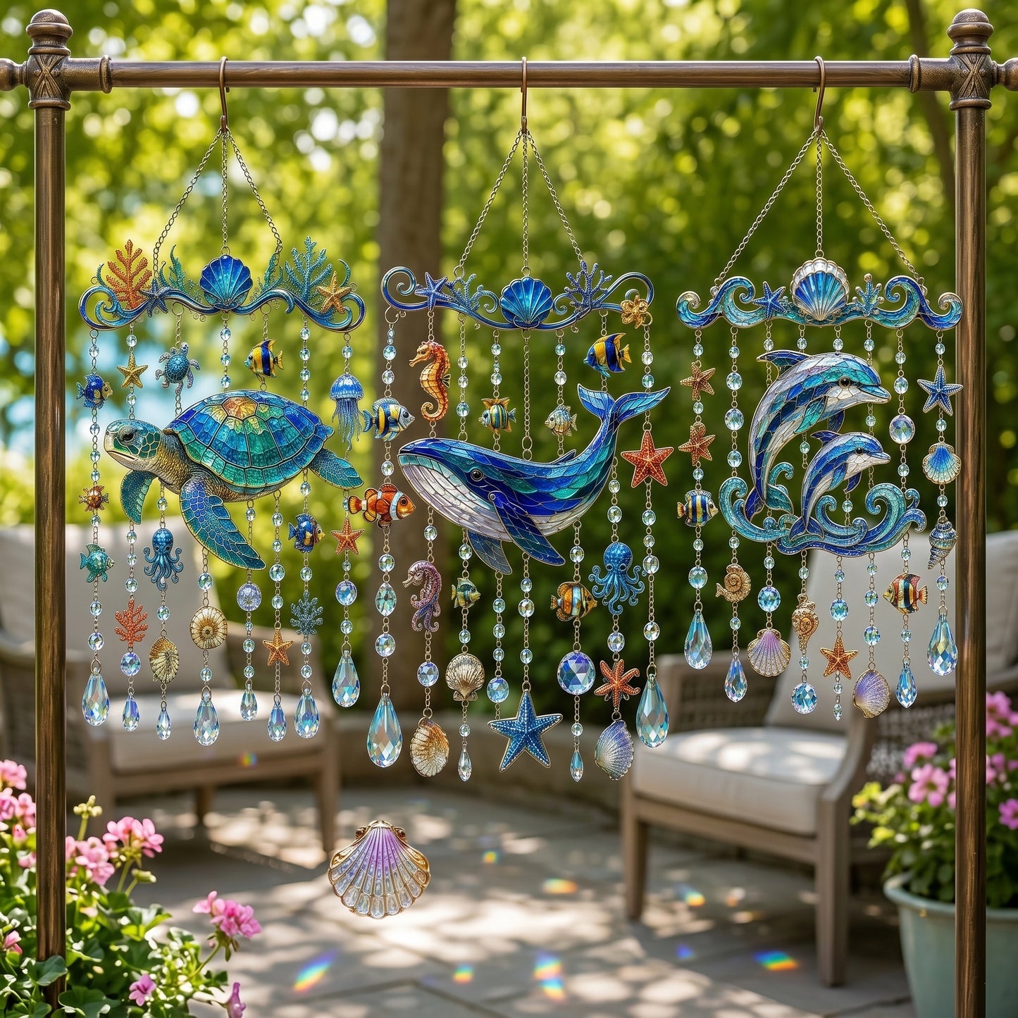 🌊Ocean Creature Stained Glass Wind Chime Suncatcher,Handmade Coastal Hanging Ornament