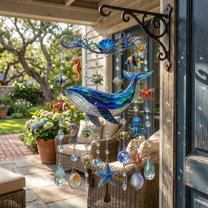 🌊Ocean Creature Stained Glass Wind Chime Suncatcher,Handmade Coastal Hanging Ornament