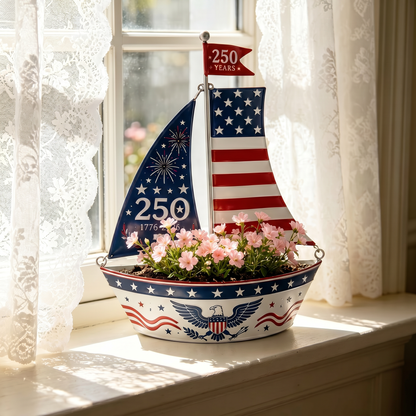 America 250 Years Patriotic Sailboat Metal Planter, Outdoor Garden & Wall Patriotic Decor
