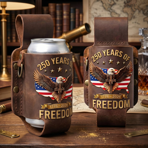 Full Grain Leather Belt Drink Holster | 250 Years of Freedom Eagle USA Can Cooler