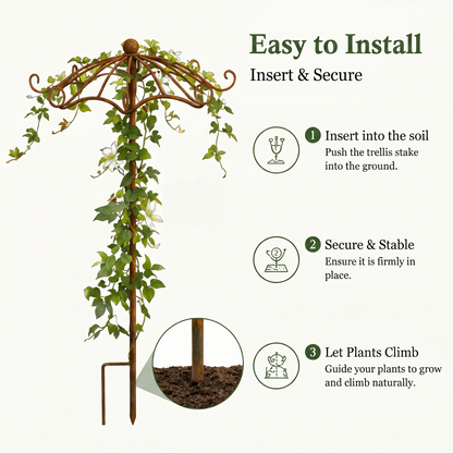 Rust Metal Umbrella Trellis for Climbing Plants, Decorative Garden Plant Support Stake