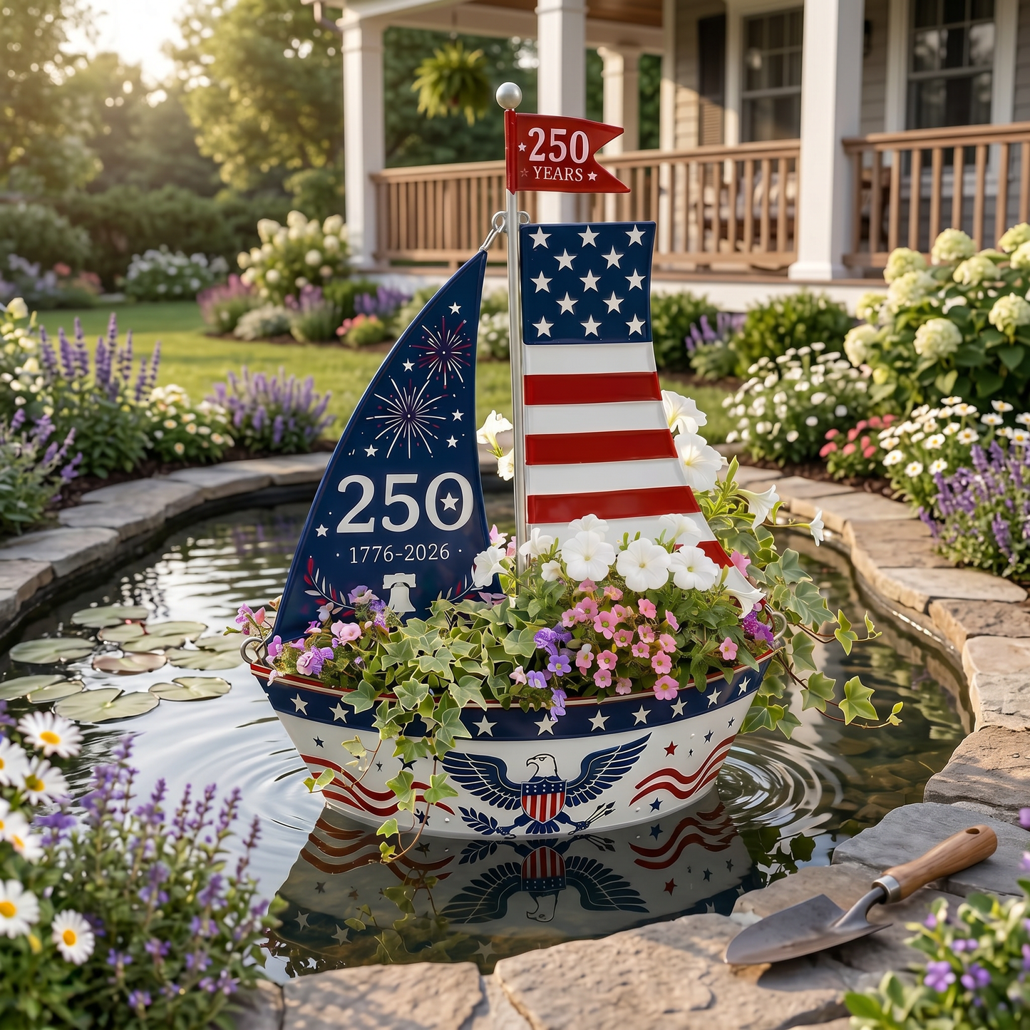 America 250 Years Patriotic Sailboat Metal Planter, Outdoor Garden & Wall Patriotic Decor